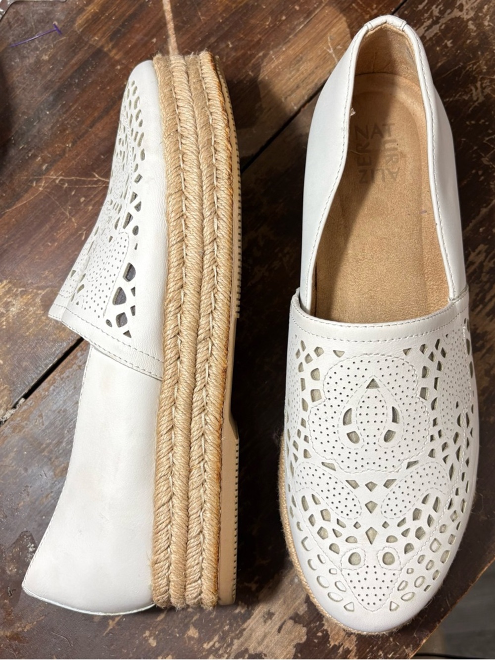 Naturalizer Cream Leather Thea Platform Espadrilles Slip On Chunky Flats 11W Mod